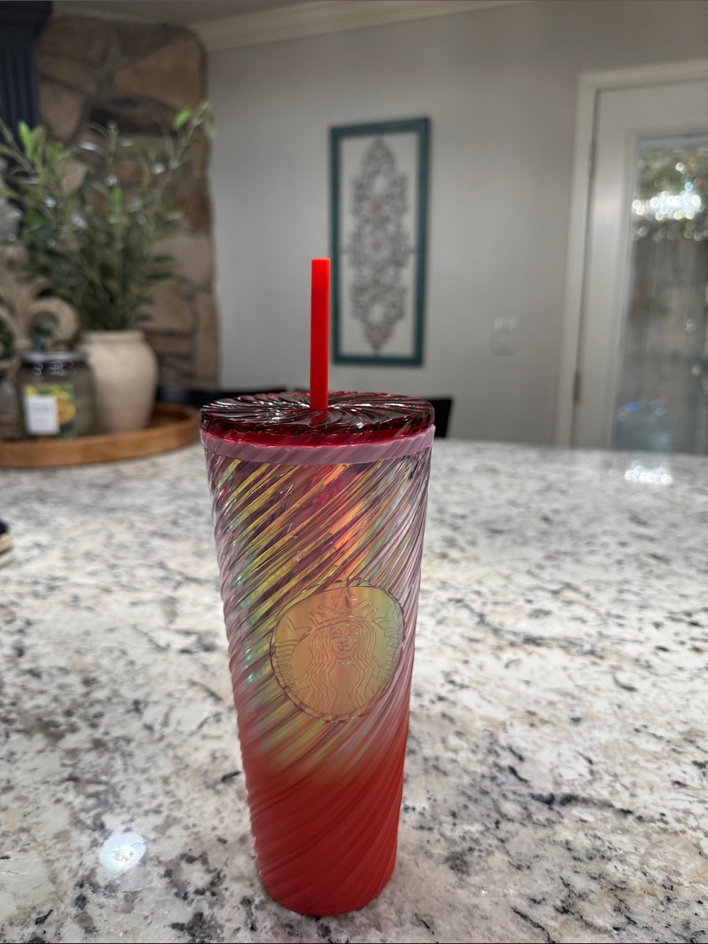 Starbucks Iridescent Red Cold Cup with Gold Emblem and Red Straw